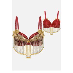 Belly Dance Costume Set With Beaded Fringe & Coin Accents